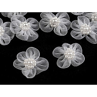 Flori din organza cu perle, Ø30 mm, alb, 10 buc.