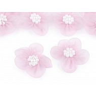 Flori din organza cu perle, Ø30 mm, roz deschis, 10 buc.